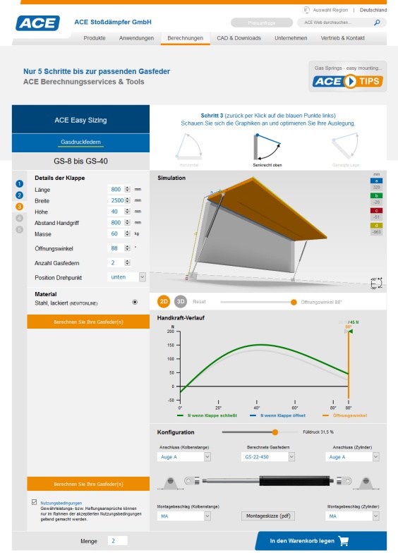 Unter www.ace-ace.de im Untermen&uuml; &sbquo;Berechnungen&rsquo; lassen sich Industriegasfedern in kurzer Zeit berechnen, auslegen und bestellen